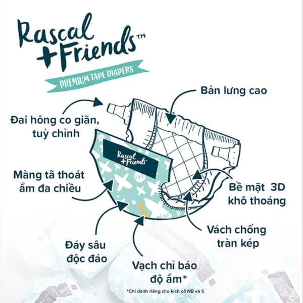 Tã dán Rascal + Friends (S, 4-8kg, 70 miếng)