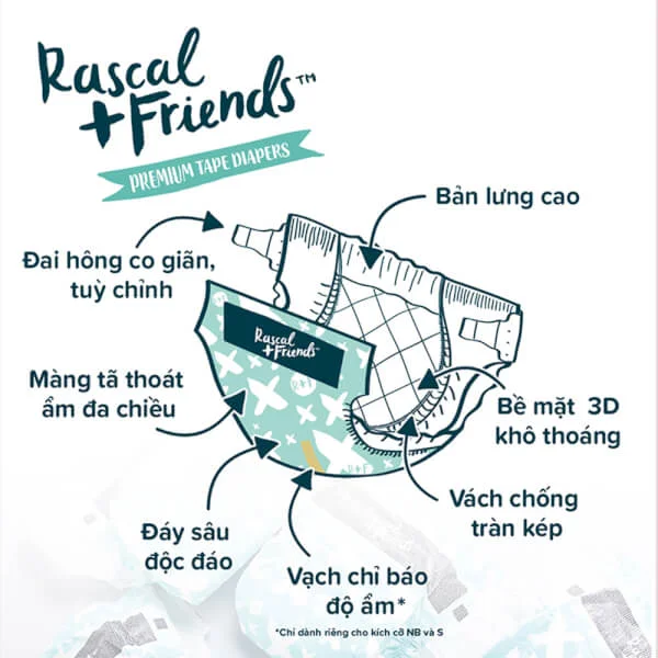 Combo 3 Tã dán Rascal Friends (S, 4-8kg, 70 miếng)