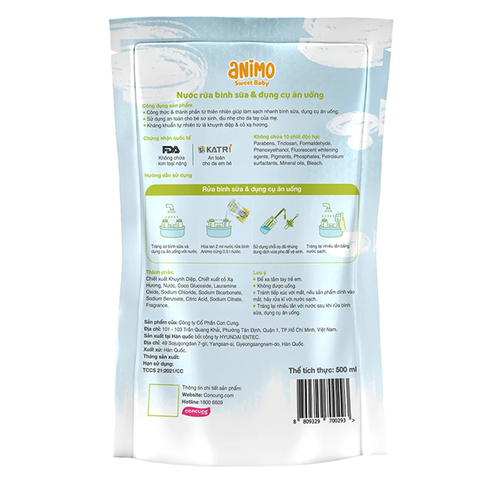 Combo 2 Nước rửa bình sữa Animo túi 500ml (Xanh da trời)