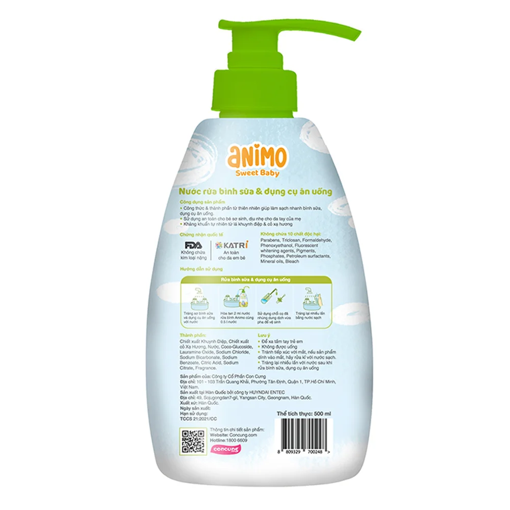 Combo 2 Nước rửa bình sữa Animo chai 500ml (Xanh da trời)