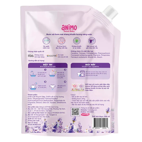 Nước xả Hàn quốc Animo hương Nắng xuân 800ml (Tím)