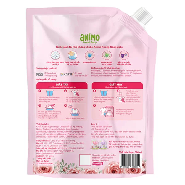 Nước giặt Hàn quốc Animo hương Nắng xuân 800ml (Hồng phấn)
