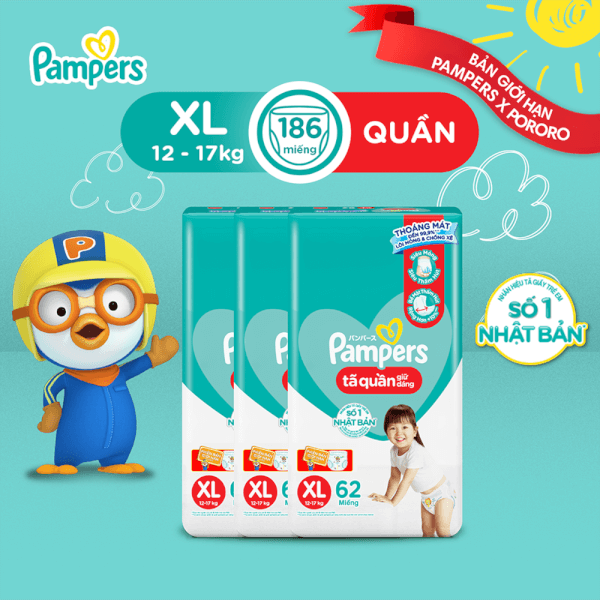 Combo 3 Tã quần Pampers giữ dáng Super Jumbo size XL, 62 miếng (giao ngẫu nhiên)