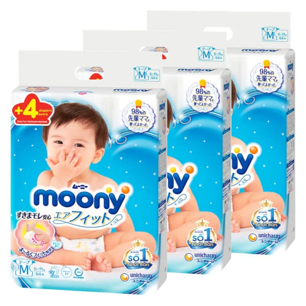 Combo 3 Bỉm tã dán Moony size M, 64 + 4 miếng (6-11kg)