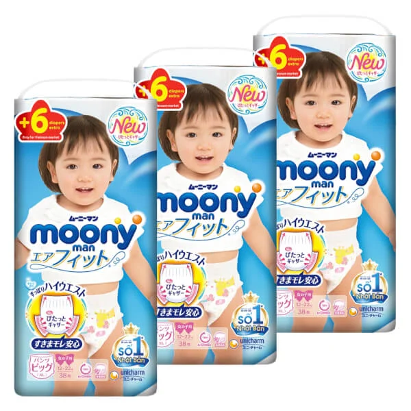 Combo 3 Bỉm tã quần Moony bé gái size XL 38 + 6 miếng (12-22kg)