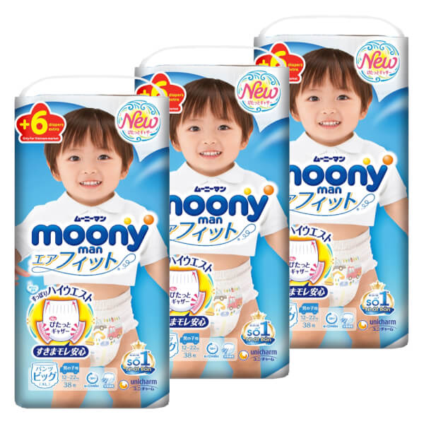 Combo 3 Tã quần Moony (XL - bé trai, 38 miếng) + 6 miếng