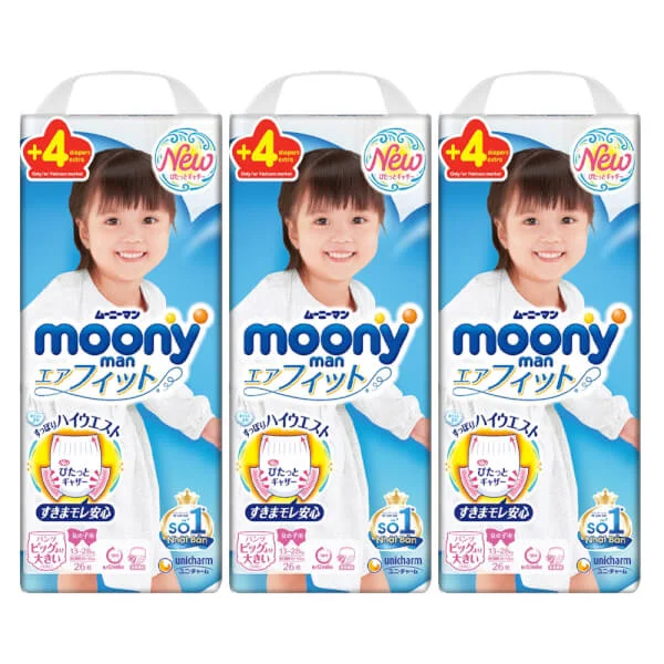 Combo 3 Bỉm tã quần Moony bé gái size XXL 26 + 4 miếng (13-28kg)