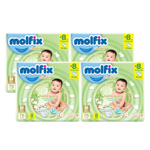 Combo 4 Bỉm tã dán Molfix thiên nhiên (M, 6-11kg, 76 miếng)