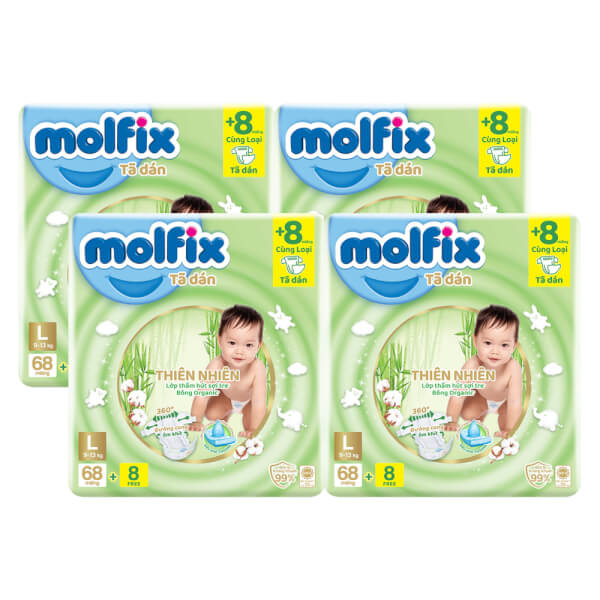 Combo 4 Bỉm tã dán Molfix thiên nhiên (L, 9-13kg, 68 miếng) 8 miếng