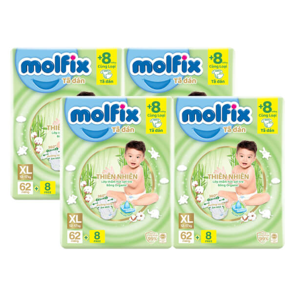 Combo 4 Bỉm tã dán Molfix thiên nhiên (XL, 12-17kg, 62 miếng) 8 miếng