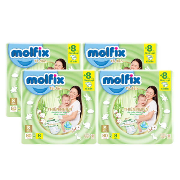 Combo 4 Bỉm tã dán Molfix thiên nhiên (S, 4-8kg, 80 miếng) 8 miếng