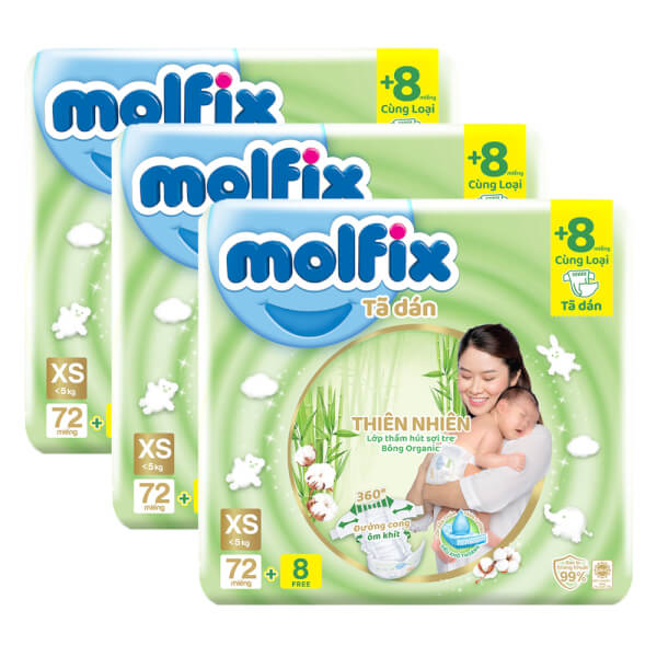 Combo 3 Bỉm tã dán Molfix thiên nhiên (XS, < 5kg, 72 miếng)