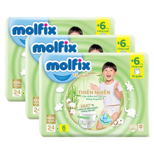 Combo 3 Bỉm tã quần Molfix thiên nhiên (XXXL, 20-35kg, 24 miếng)