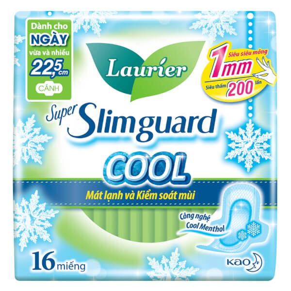 Băng vệ sinh Laurier Super Slimguard Cool Mát lạnh & Kiểm soát mùi 22,5 cm 16 miếng