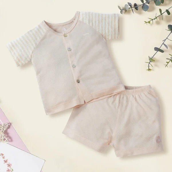 Bộ sơ sinh tính năng ngắn, vải lưới Animo (0-12M,Beige)