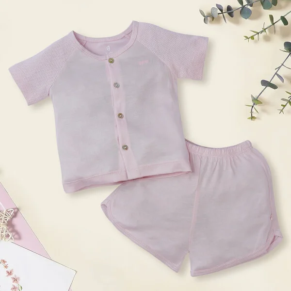 Bộ sơ sinh tính năng ngắn, vải lưới Animo I0322013 (0-12M,Hồng)