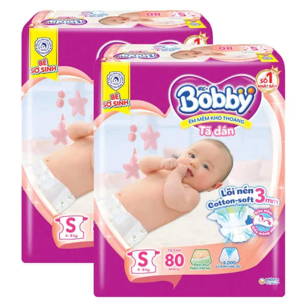 Combo 2 Tã dán Bobby siêu thấm - khô thoáng  (S, 4-8kg, 80 miếng)