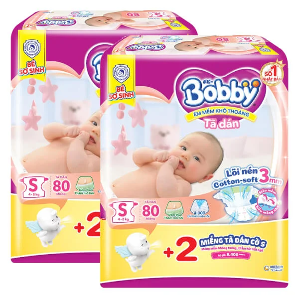 Combo 2 Bỉm tã dán Bobby siêu thấm - khô thoáng  (S, 4-8kg, 80 miếng) + 2 miếng Tã dán Bobby cỡ S