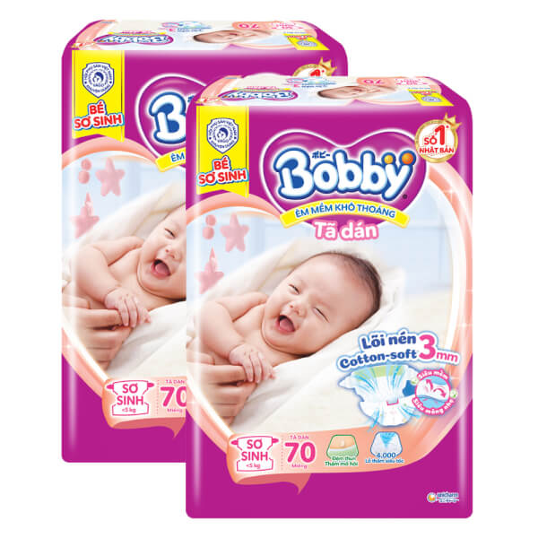 Combo 2 Tã dán Bobby siêu thấm - khô thoáng  (Sơ sinh, dưới 5kg, 70 miếng)