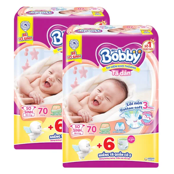 Combo 2 Tã dán Bobby siêu thấm - khô thoáng (Sơ sinh, dưới 5kg, 70 miếng) + 6 miếng Tã dán Bobby cỡ S