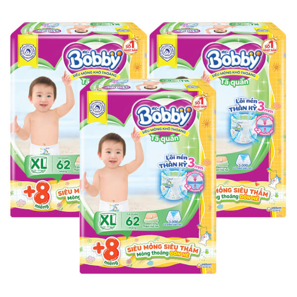 Combo 3 Tã quần Bobby size XL, 62 miếng + 8 miếng