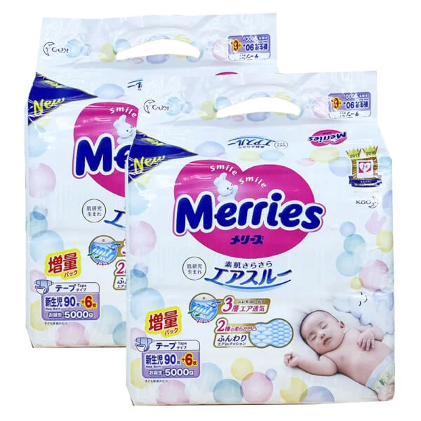 Combo 2 T&atilde; d&aacute;n Merries cộng miếng (Newborn, dưới 5kg, 90 + 6 miếng)