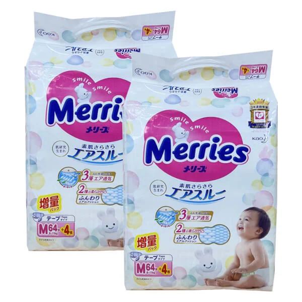Combo 2 Tã dán Merries cộng miếng (M, 6-11kg, 64 + 4 miếng)