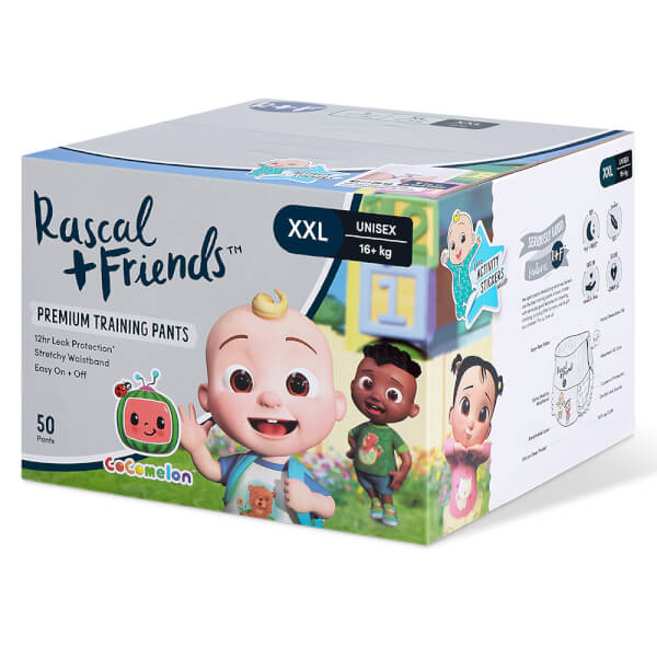 Thùng Tã quần Rascal + Friends Cocomelon (XXL,>16, 50 miếng) kèm sticker ngẫu nhiên