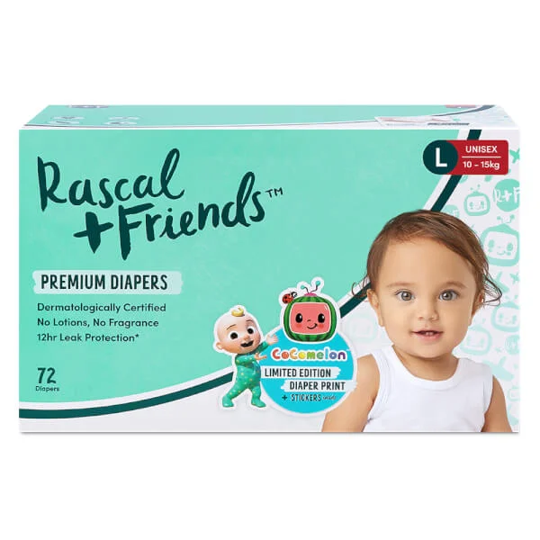 Combo 3 Thùng Tã dán Rascal + Friends Cocomelon (L,10-15kg, 72 miếng) kèm sticker ngẫu nhiên