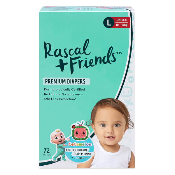 Thùng Tã dán Rascal + Friends Cocomelon (L,10-15kg, 72 miếng) kèm sticker ngẫu nhiên