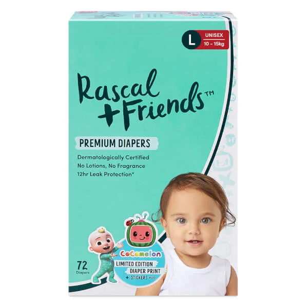 Combo 3 Thùng Tã dán Rascal + Friends Cocomelon (L,10-15kg, 72 miếng) kèm sticker ngẫu nhiên