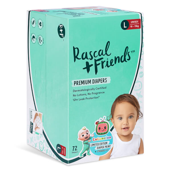 Thùng Tã dán Rascal + Friends Cocomelon (L,10-15kg, 72 miếng) kèm sticker ngẫu nhiên