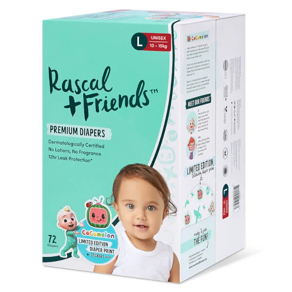 Combo 3 Thùng Tã dán Rascal + Friends Cocomelon (L,10-15kg, 72 miếng) kèm sticker ngẫu nhiên
