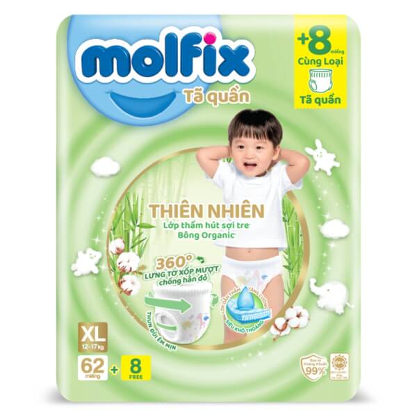 Tã quần Molfix Thiên Nhiên (XL, 12 - 17kg, 62 miếng + 8 miếng)