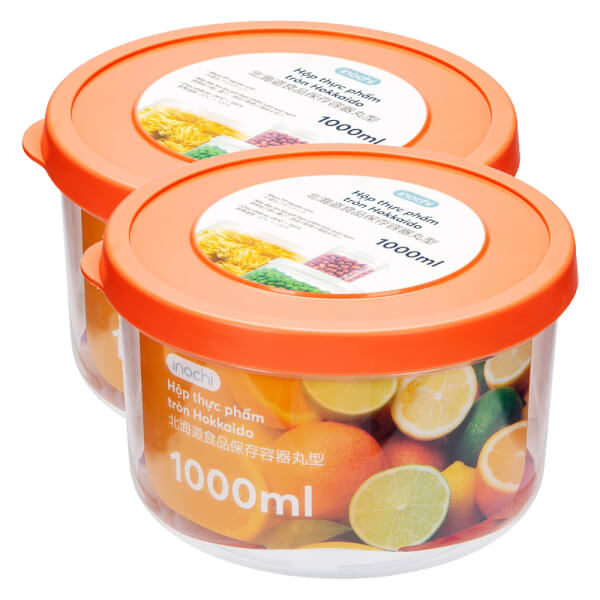Combo 2 Hộp thực phẩm tròn Hokkaido 1000ml (nắp màu cam)