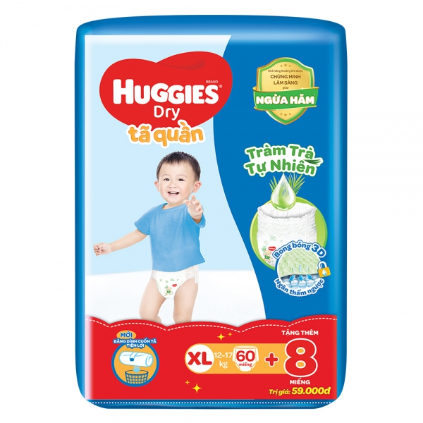 Tã quần Huggies Dry Pants gói cực đại (XL, 12-17kg, 60 miếng) (giao bao bì ngẫu nhiên)