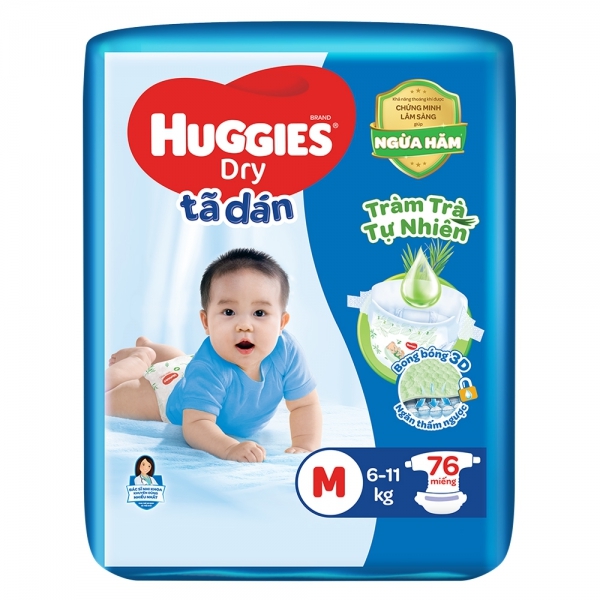 Combo 2 tã dán Huggies Dry cực đại (M, 6-11kg, 76 miếng) + 6 miếng tã quần Jean