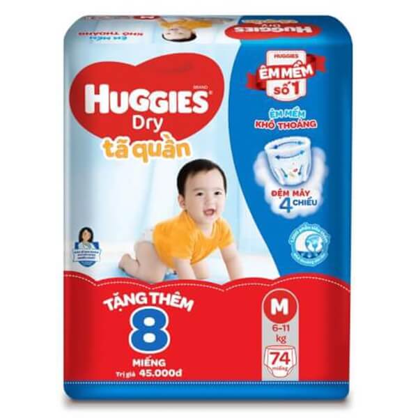 Tã quần Huggies Dry Pants gói cực đại (M, 6-11kg, 74 miếng) + 8 miếng tã quần Jean