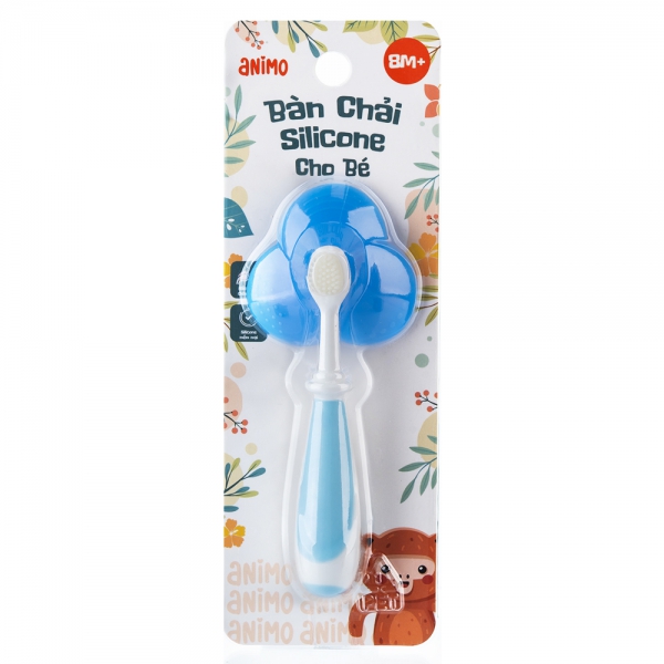 Bàn chải silicone kèm nắp chặn an toàn cho bé Animo (xanh, RKX4025)