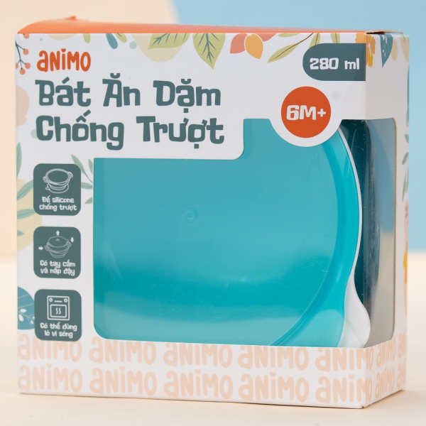 Bát ăm dặm chống trượt kèm nắp Animo (280ml, RKC1008, xanh)