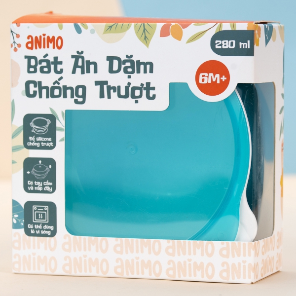 Bát ăm dặm chống trượt kèm nắp Animo (280ml, RKC1008, xanh)