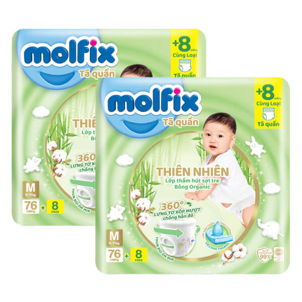 Combo 2 Tã quần Molfix Thiên Nhiên (M, 6 - 11kg, 76 miếng + 8 miếng)