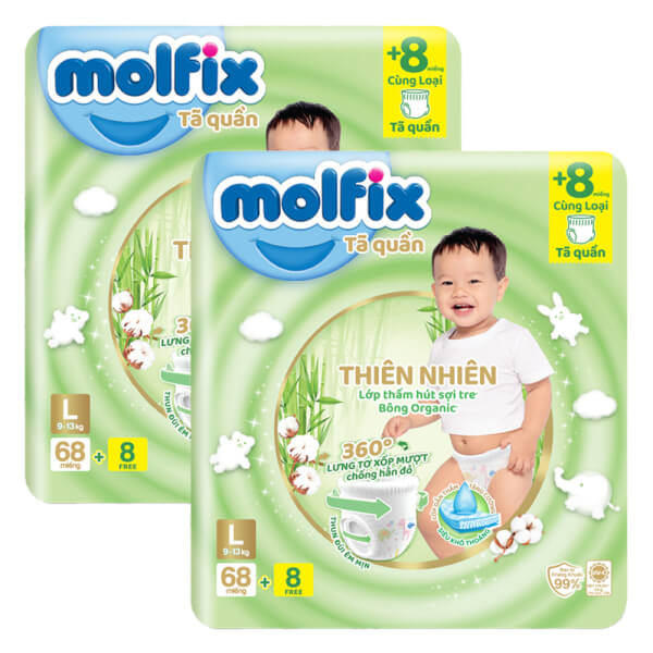 Combo 2 Tã quần Molfix (L, 9 - 13kg, 68 miếng + 8 miếng)