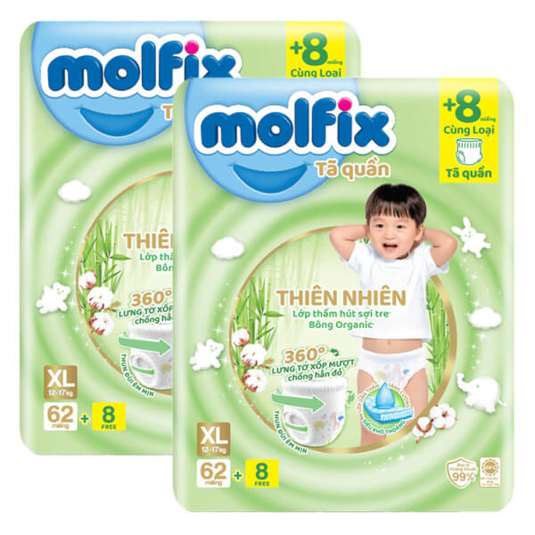 Combo 2 Tã quần Molfix Thiên Nhiên (XL, 12 - 17kg, 62 miếng + 8 miếng)