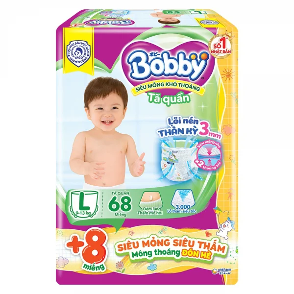 Tã Quần Bobby L 68 miếng + 8 miếng tã quần size L (giao bao bì ngẫu nhiên)