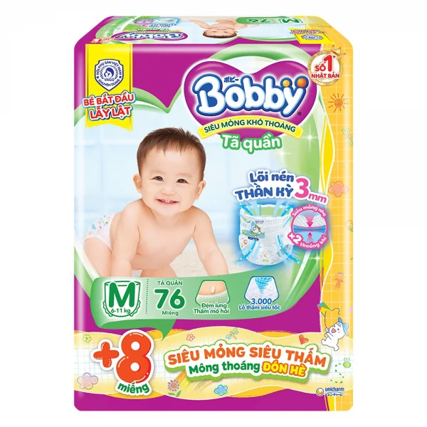 Tã Quần Bobby M 76 miếng + 8 miếng tã quần size M (giao bao bì ngẫu nhiên)