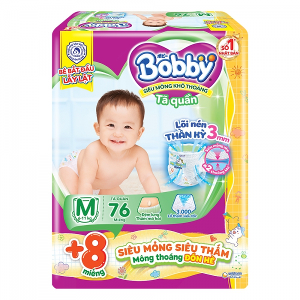 Combo 2 Tã Quần Bobby M 76 miếng + 8 miếng tã quần size M