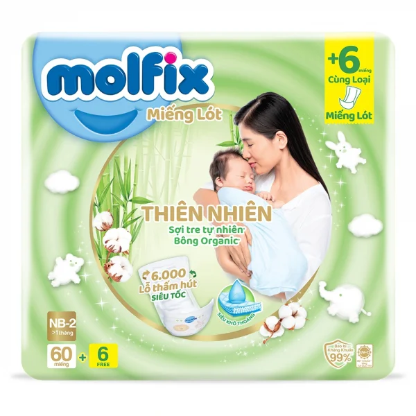 Miếng lót Molfix Thiên Nhiên (Newborn 2, > 1 tháng, 60 miếng + 6 miếng)