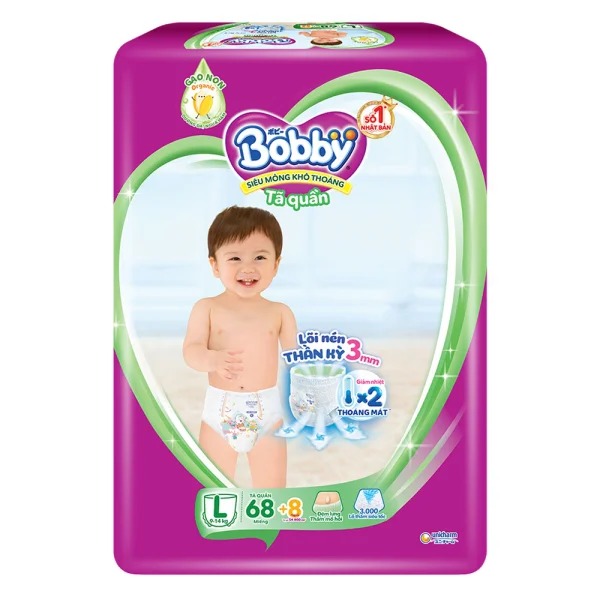 Tã Quần Bobby L 68 miếng + 8 miếng tã quần size L (giao bao bì ngẫu nhiên)
