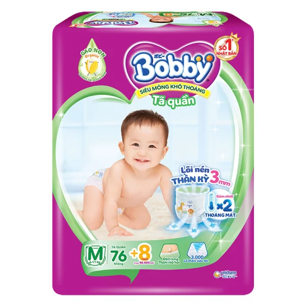 Tã Quần Bobby M 76 miếng + 8 miếng tã quần size M (giao bao bì ngẫu nhiên)